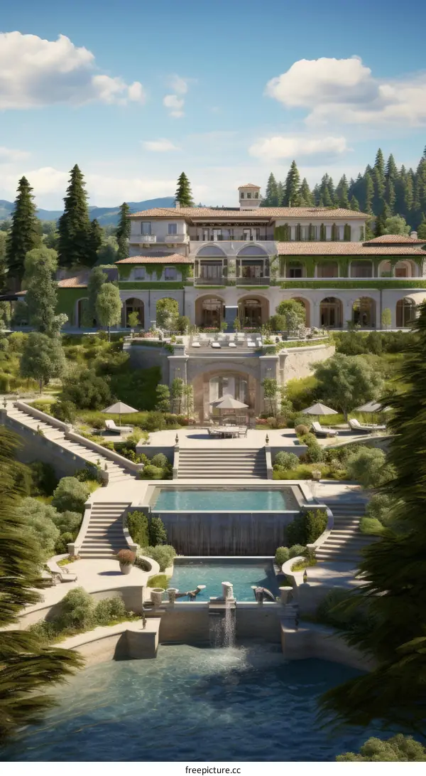 A magnificent mansion with a beautiful landscape