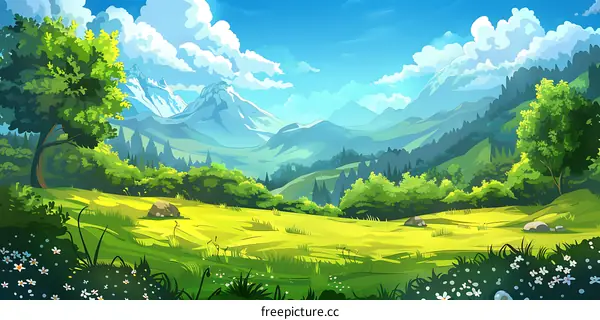 Green Mountains Summer Landscape with White Clouds