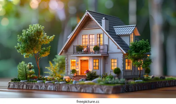 Small model house with trees and flowers