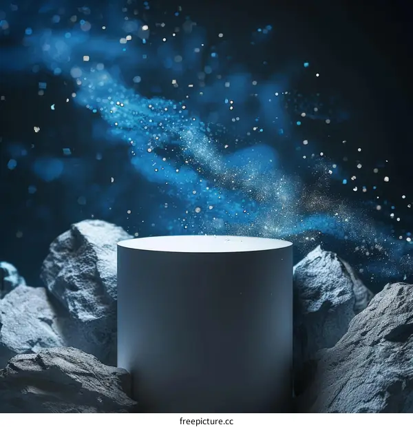 Blue glowing particles float over a dark rocky surface