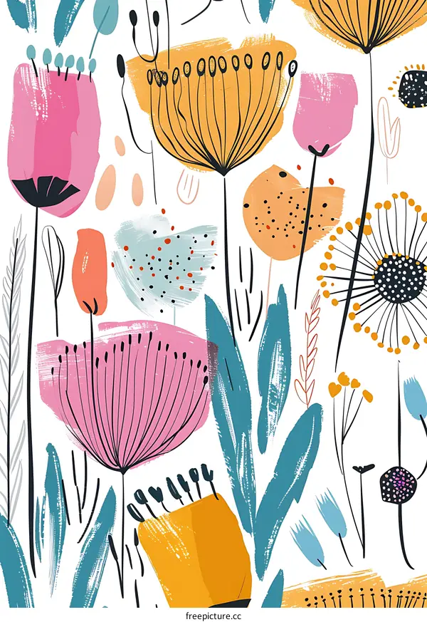Abstract Floral Seamless Pattern with Pink Yellow and Blue Flowers