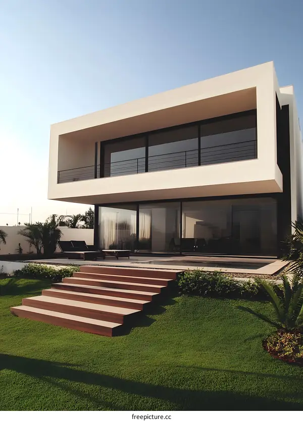 Modern Architecture Home Exterior with Grass and Stairs