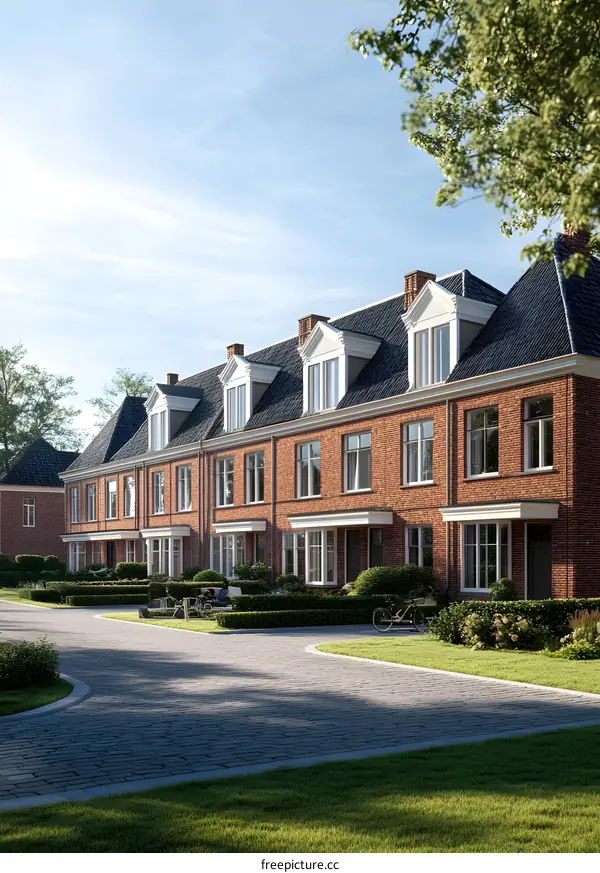 Row of Classic Red Brick Houses With Green Grass and Cobblestone Path