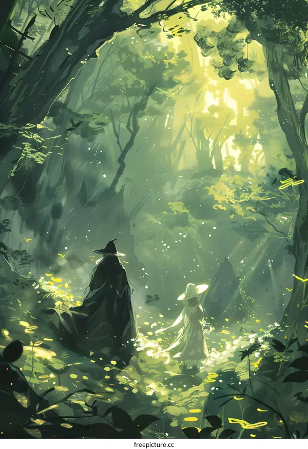 Two Figures Walk Through a Magical Forest