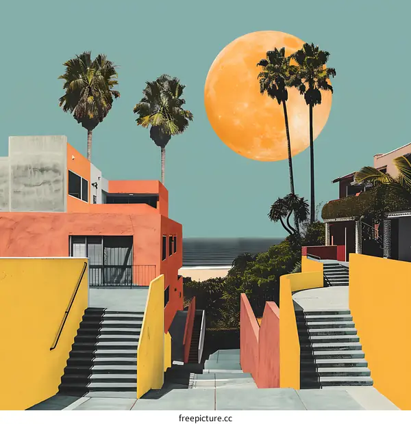 Minimalist Collage Art with Stairs, Palm Trees and a Giant Orange Moon