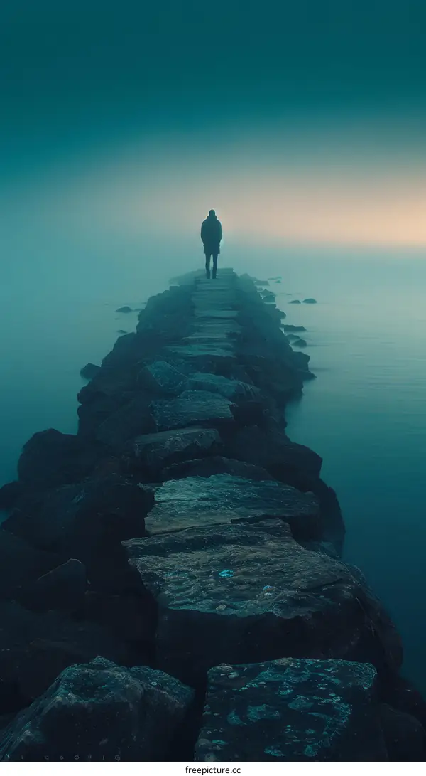 Man walking alone on a pier into the fog