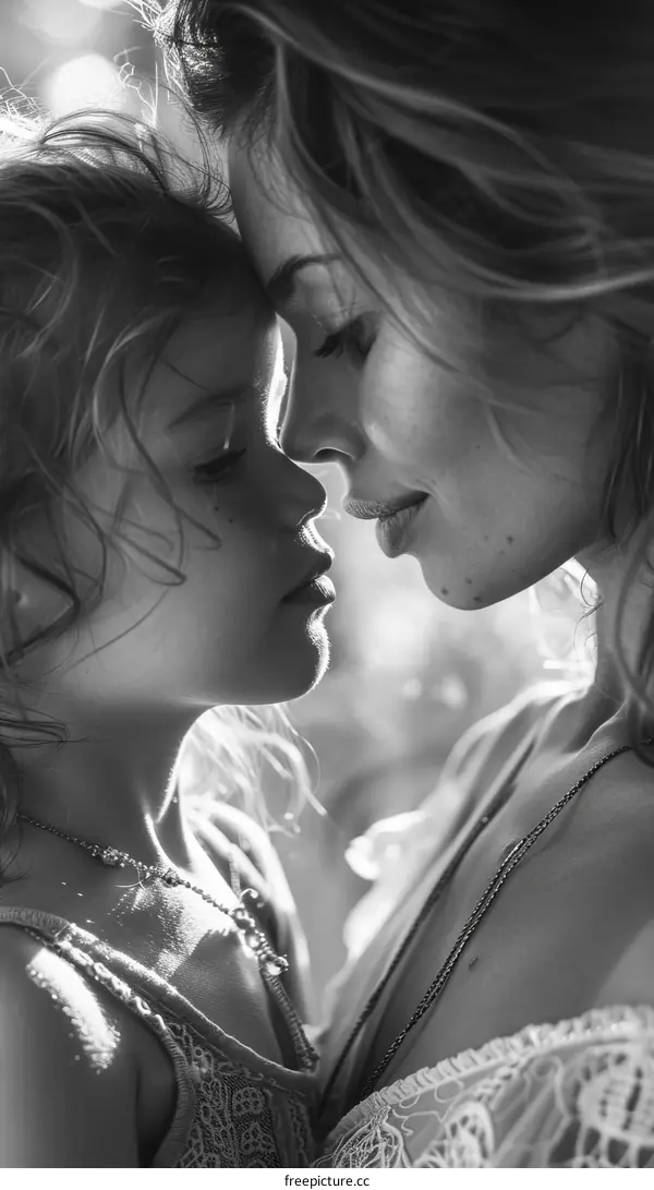 Black and white portrait of a mother and her daughter