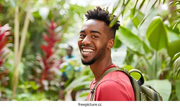 Smiling Man In Tropical Garden
