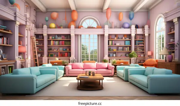 A living room with pink and blue furniture and a lot of bookshelves