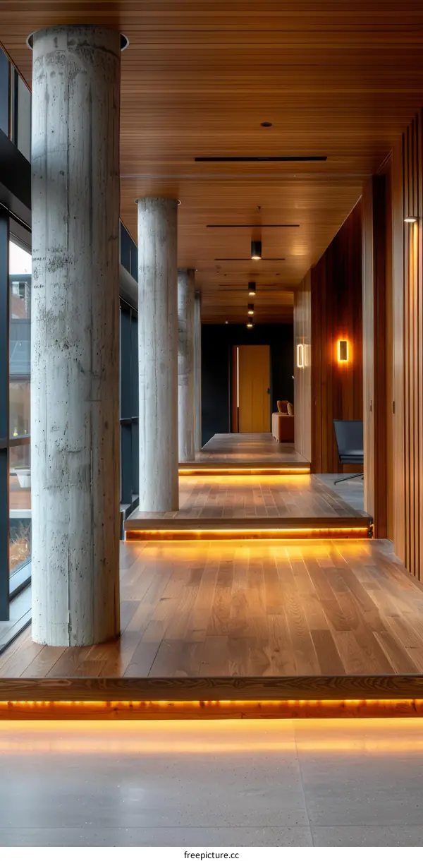 Wooden Hallway with Concrete Pillars