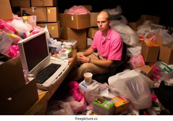 Man sits in a room full of pink boxes