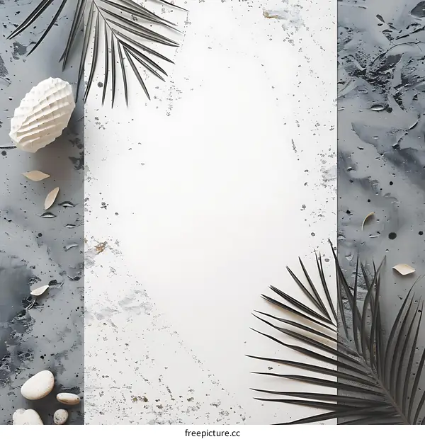 Minimalist Black and White Background with Palm Leaves and Stones
