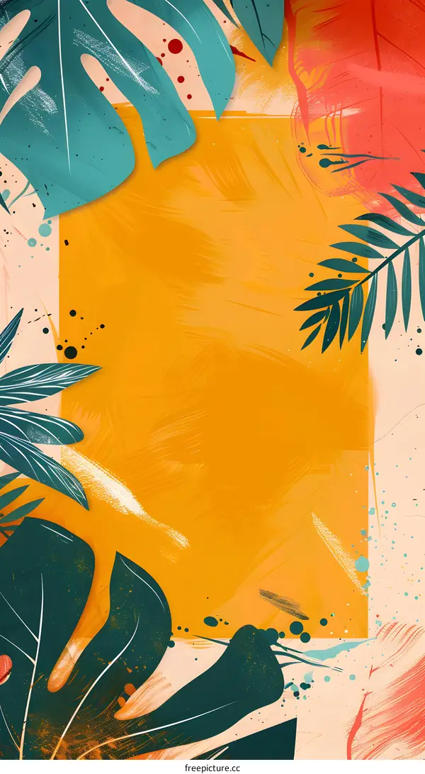 Tropical Leaves Summer Background with Yellow Rectangle