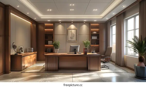 Luxury office interior with wooden furniture and large windows