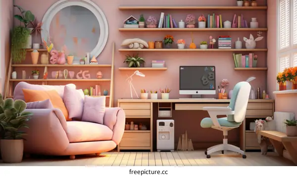 Pink Sofa Home Office with Plants and Natural Light