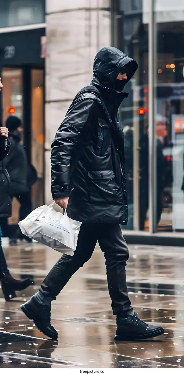 Man Walking in the Rain with a Bag