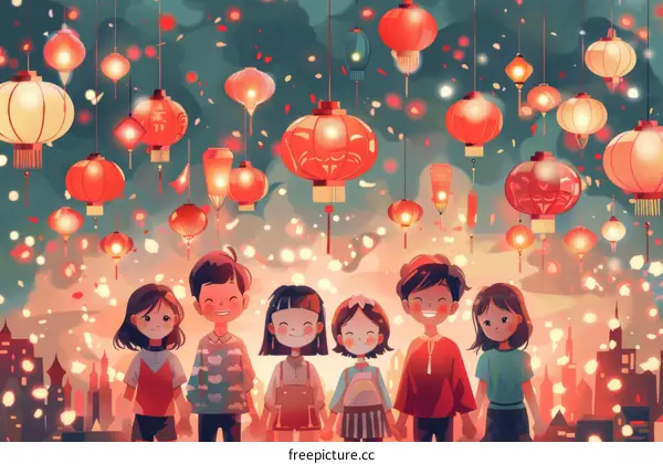 Children Holding Hands Under a Lantern-Filled Sky