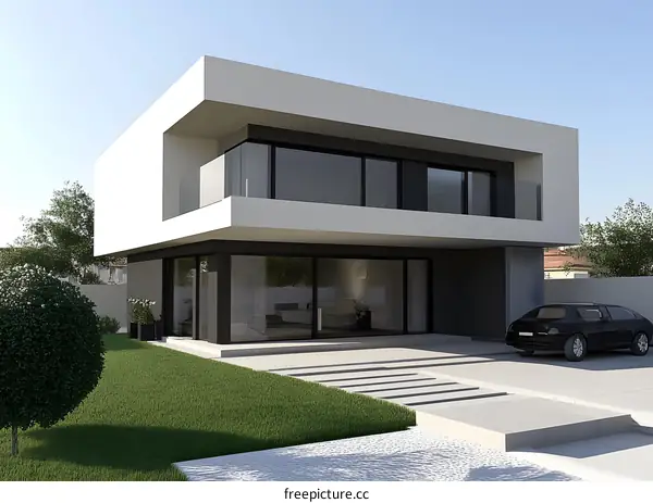 Modern Two Story Home Design with Balcony and Large Windows