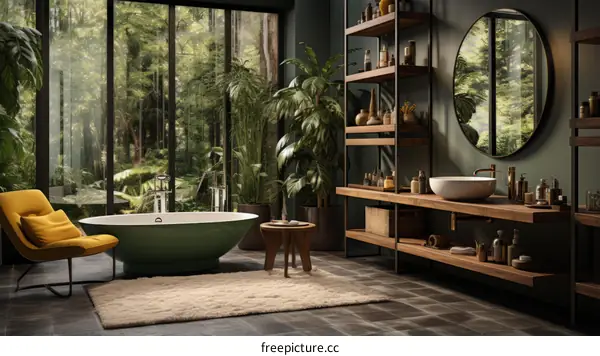 Bathroom with a view of the forest