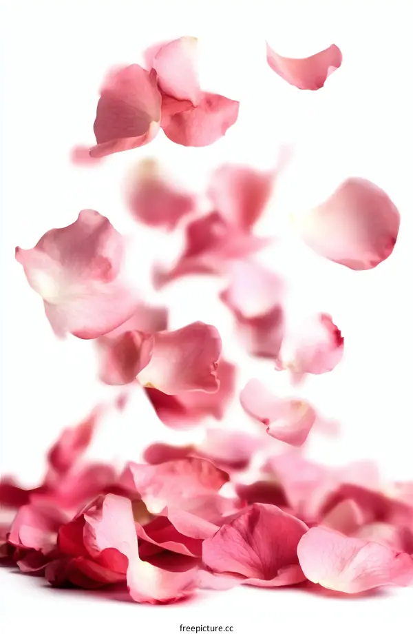 Rose Petals Falling Beautifully Against a White Background