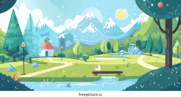 Beautiful Cartoon Illustration of a Mountain Landscape with a Bench, Trees, and a River