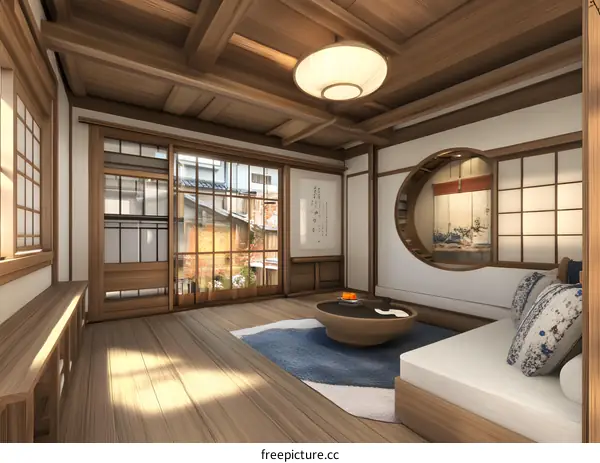 Modern Japanese Style Living Room Interior Design with Wooden Ceiling and Floor