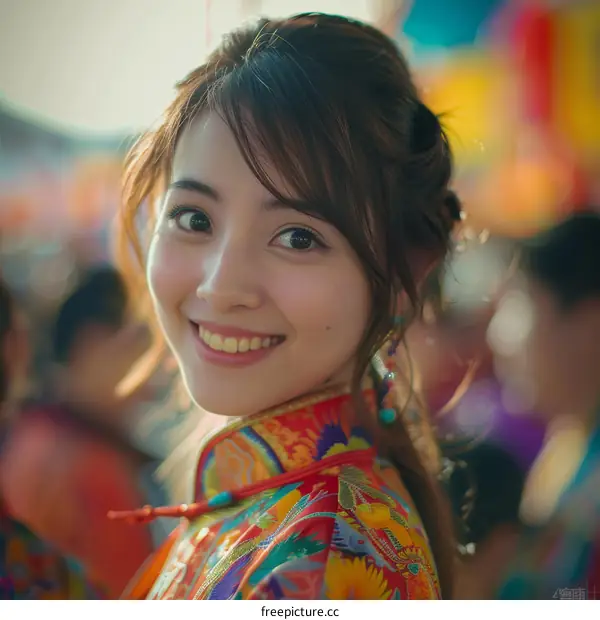 Portrait of a young smiling Chinese woman in traditional clothing