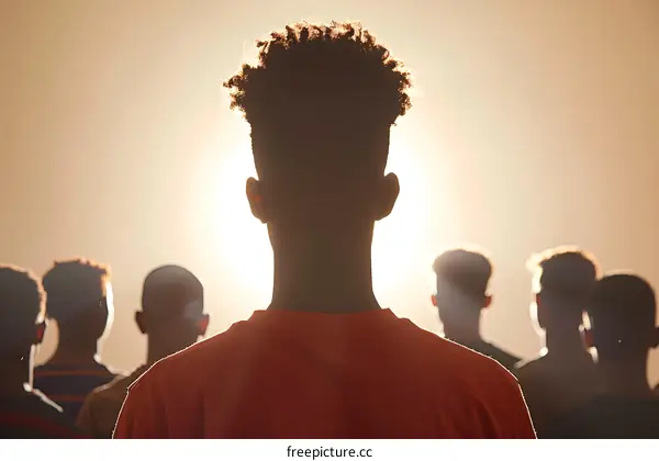 Silhouette of a Man with Curly Hair Standing in Front of a Crowd of People