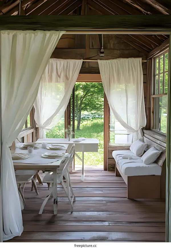 Wooden Cottage Interior With White Curtains and Rustic Furniture