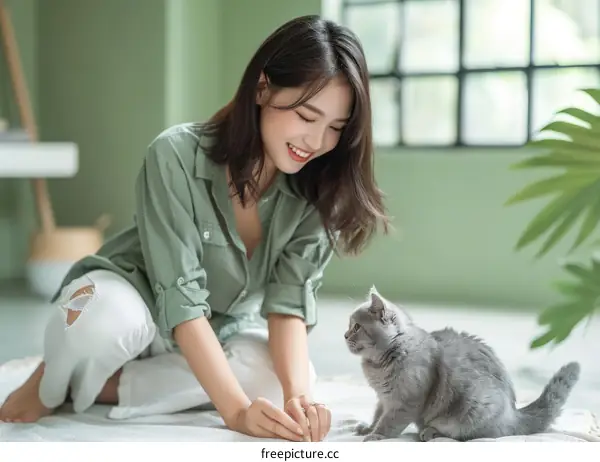 A young woman is playing with a gray cat on the floor.