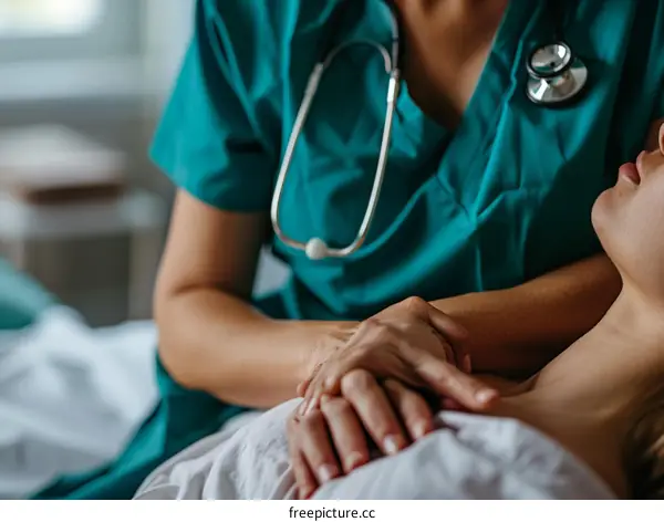 A doctor is comforting a patient in a hospital bed