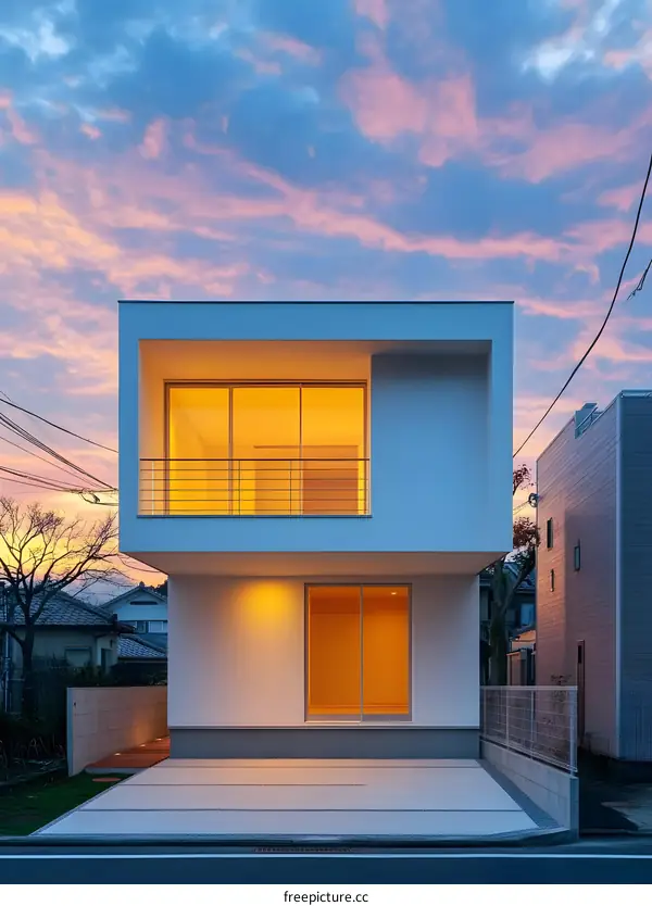 Modern White House with Large Windows and Sunset Sky