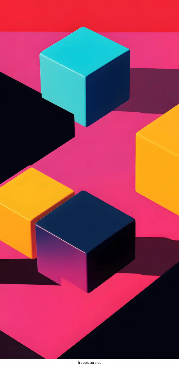 Abstract Geometric Shapes with Colorful Squares on Pink Background