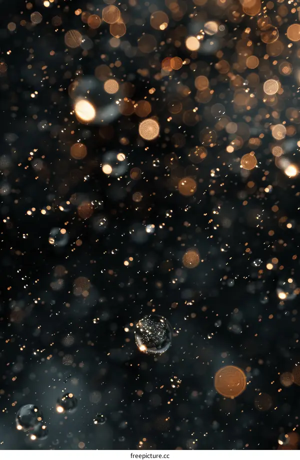 Raindrops falling on a black background with a blurred background