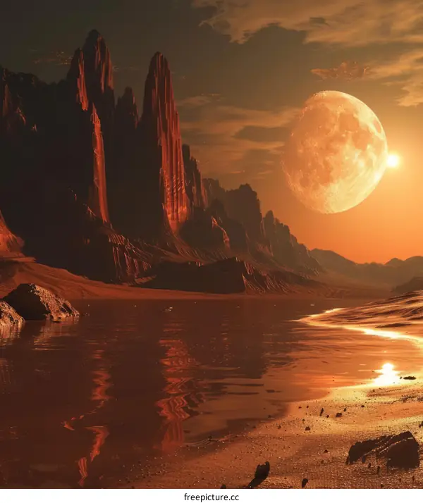 A red moon rises over a desert landscape