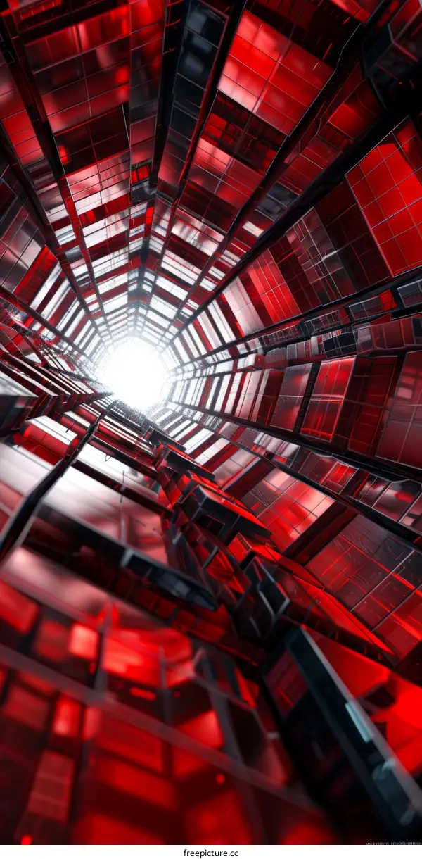 Futuristic Tunnel with Geometric Shapes in Red and Black