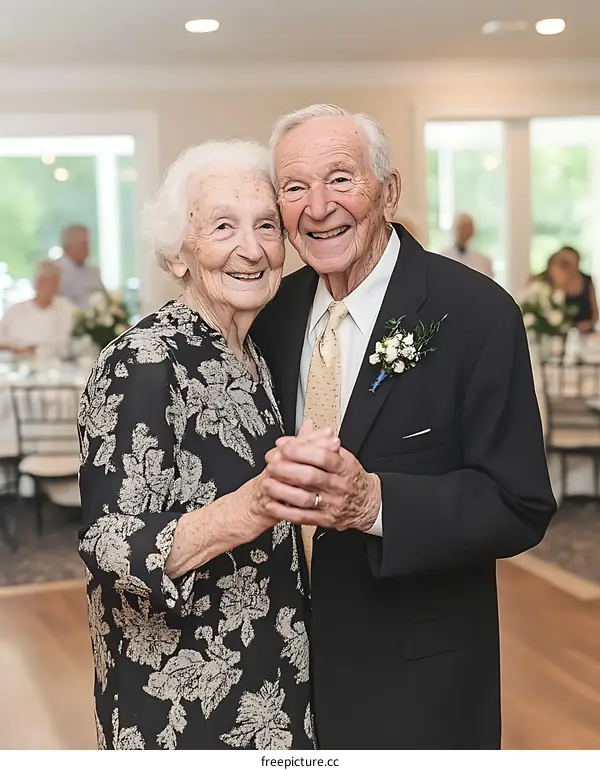 Happy Elderly Couple Dancing at Wedding Reception
