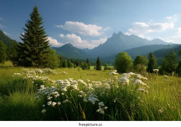 Scenic Mountain Meadow with White Flowers