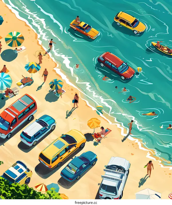 Summer Beach Illustration with Cars and People