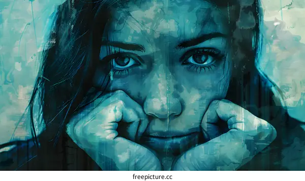 Portrait of a young woman with blue hair and blue eyes