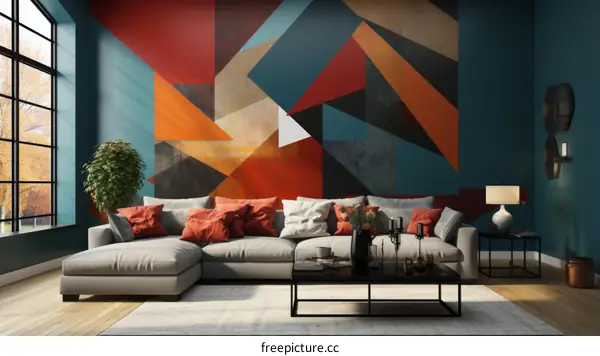 Blue and orange geometric shapes abstract painting in living room interior