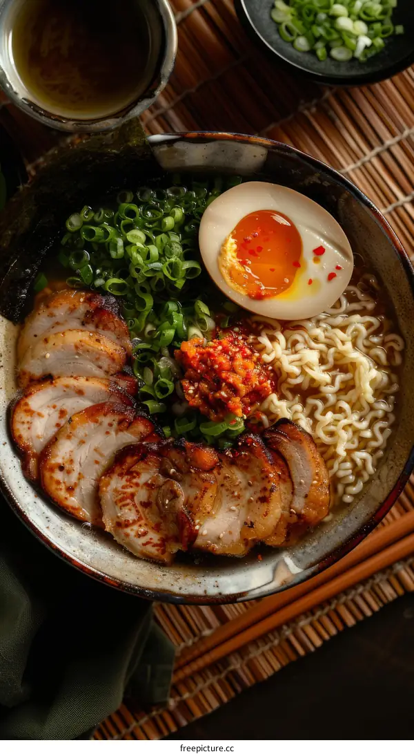 A delicious bowl of ramen with pork, egg, and scallions