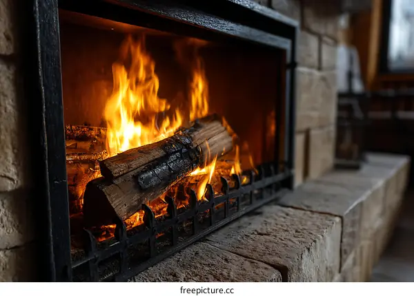 Cozy Fireplace with Burning Logs