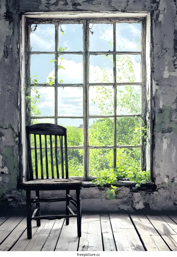 Old Wooden Chair by Window with Greenery