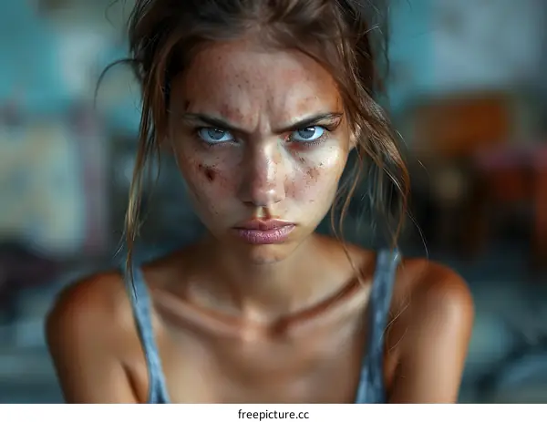 Close Up Portrait of a Young Woman with Angry Expression