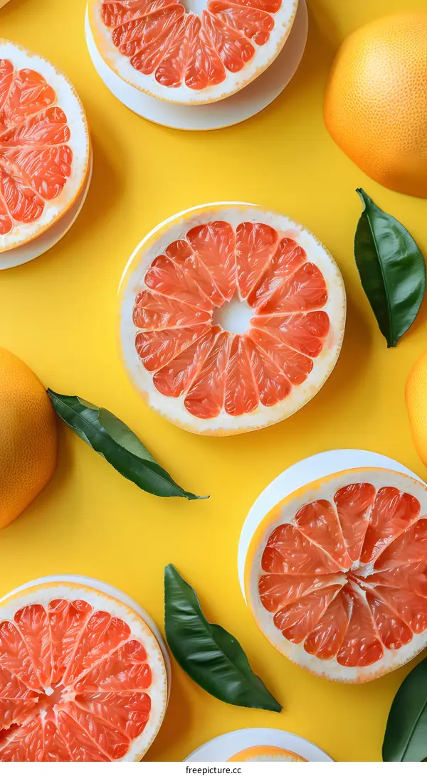 Fresh Grapefruit Slices on Yellow Background