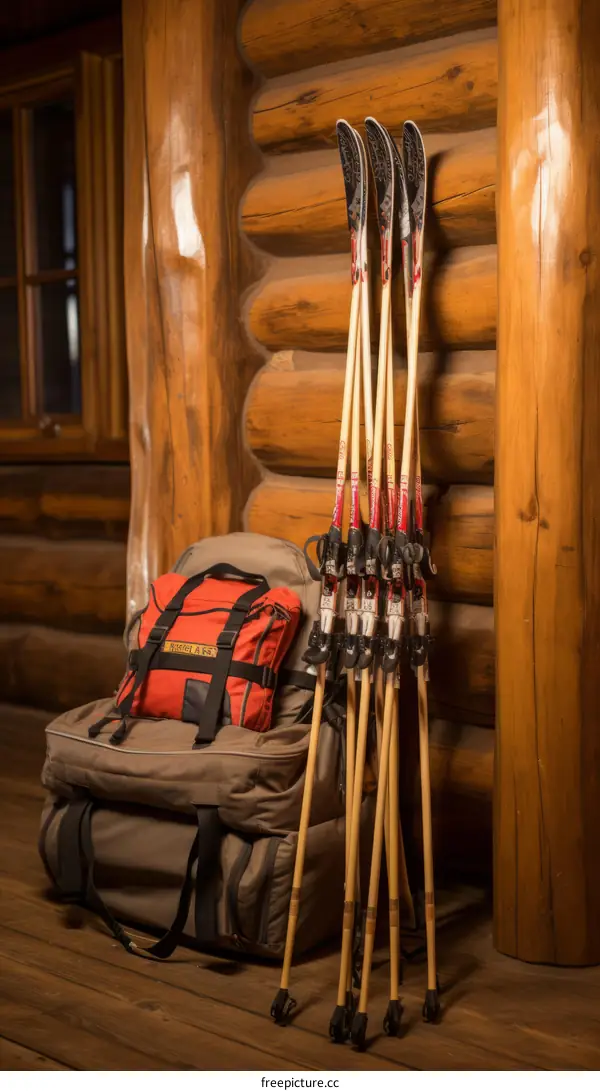 A Collection of Vintage Wooden Cross-Country Skis and Poles Leaning Against a Wooden Wall