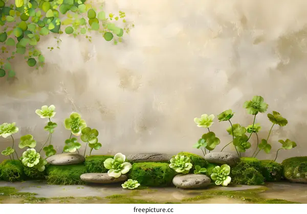 Green Leaves and Stones on a Wall Background