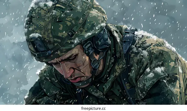 A soldier wearing a green and brown camouflage uniform and helmet is kneeling in the snow.