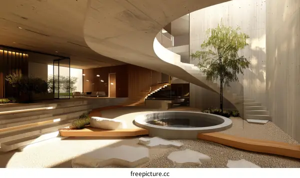 Modern house interior with curved staircase and central courtyard